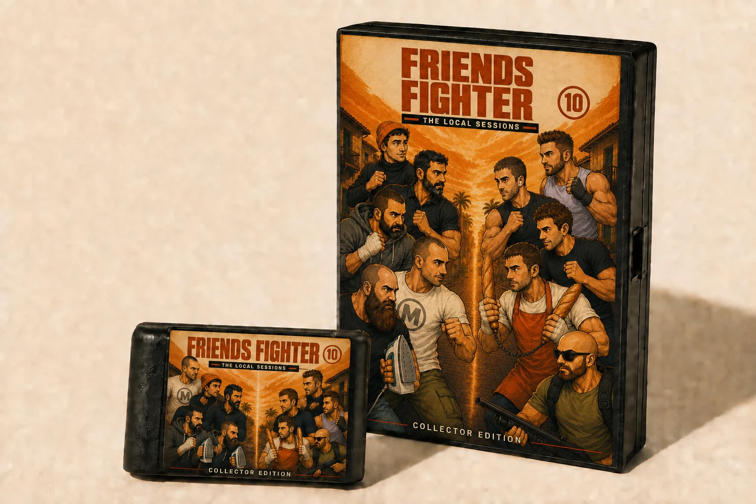 Concept of the Friend Fighters game box and collectible cartridge, both illustrated with ten original characters facing their rivals in a fight-poster composition.